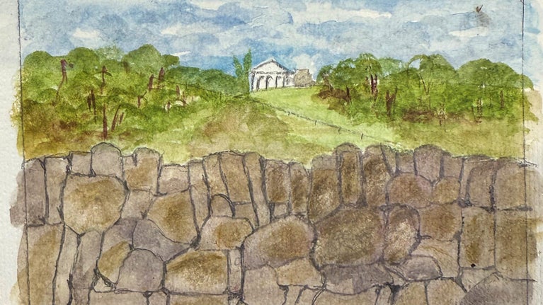 a watercolour image of Trelissick with a stone wall in the foreground